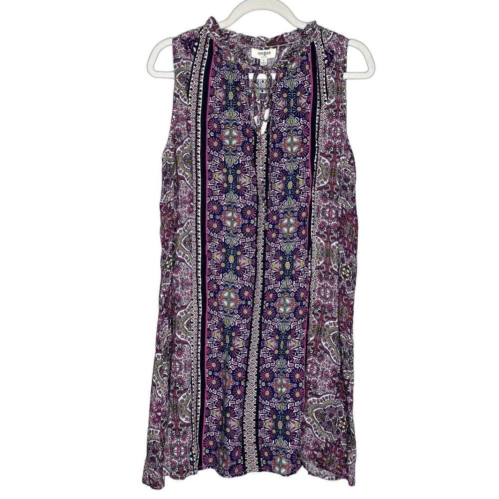 Umgee Sleeveless Floral Mini Shift Dress Keyhole Tie Neck Multicolor Small New